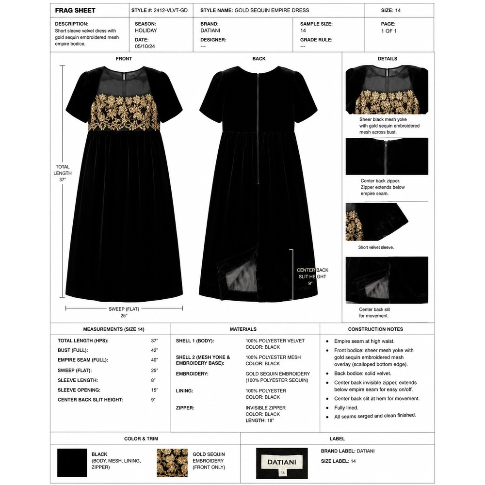 Datiani Black Velvet Gold Sequin Empire Waist Cocktail Dress Size 14 Holiday